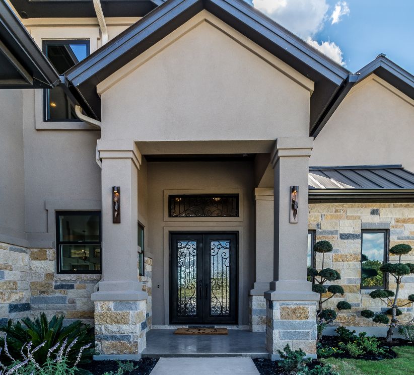 Sandy Beige Colours for House Exteriors WIth Black Windows